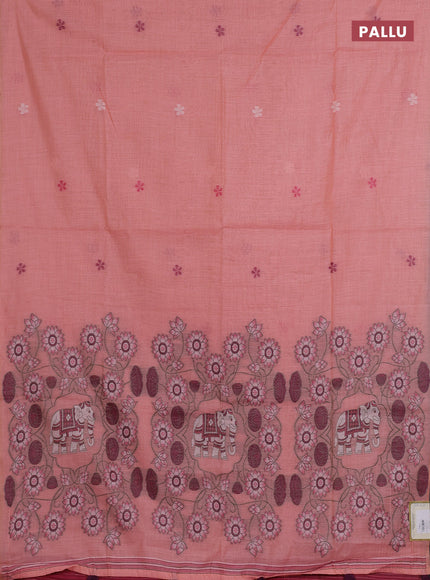 Jamdhani cotton saree peach orange and pink with thread woven buttas and pichwai pallu