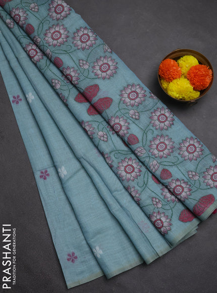 Jamdhani cotton saree pastel blue and magenta pink with thread woven buttas and pichwai pallu