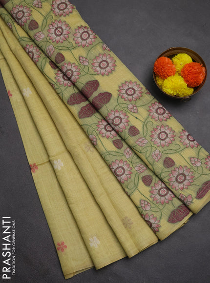 Jamdhani cotton saree lime green and pink with thread woven buttas and pichwai pallu