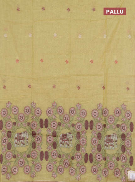 Jamdhani cotton saree lime green and pink with thread woven buttas and pichwai pallu