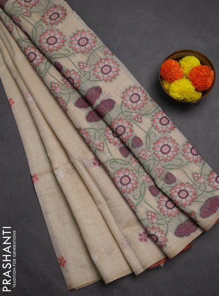 Jamdhani cotton saree beige and red with thread woven buttas and pichwai pallu