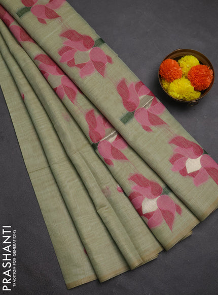 Jamdhani cotton saree pista green and pink with allover thread woven buttas and jamdhani pallu