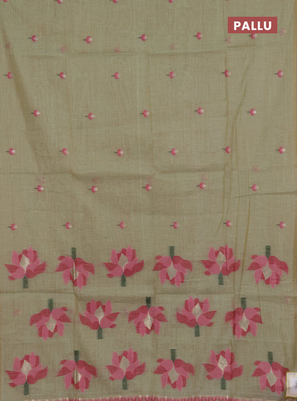 Jamdhani cotton saree pista green and pink with allover thread woven buttas and jamdhani pallu