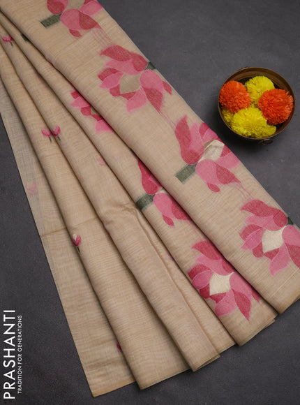 Jamdhani cotton saree beige and pink with allover thread woven buttas and jamdhani pallu