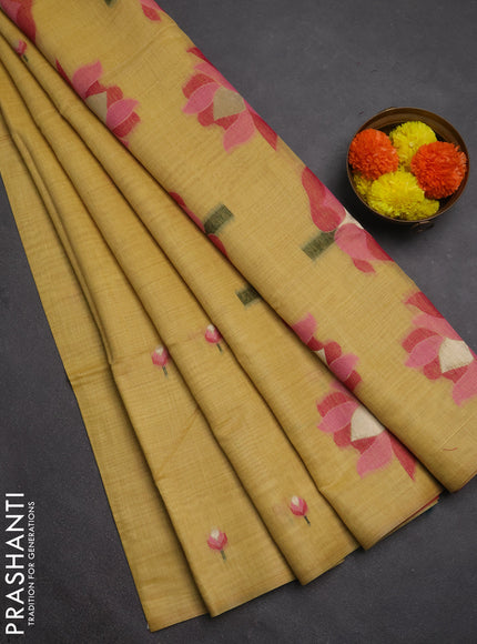 Jamdhani cotton saree pale yellow and pink with allover thread woven buttas and jamdhani pallu