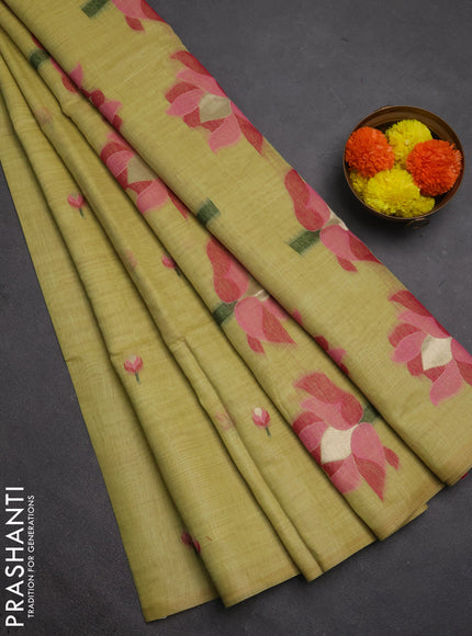 Jamdhani cotton saree lime yellow and pink with allover thread woven buttas and jamdhani pallu