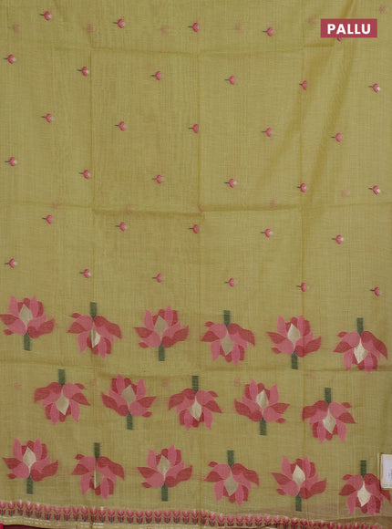 Jamdhani cotton saree lime yellow and pink with allover thread woven buttas and jamdhani pallu