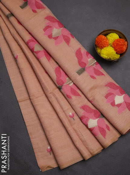 Jamdhani cotton saree peach shade and pink with allover thread woven buttas and jamdhani pallu