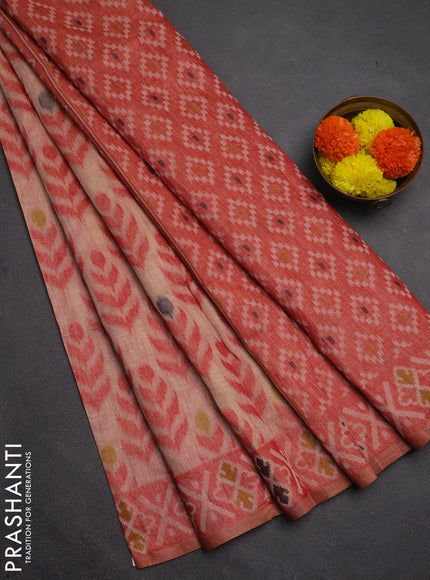Jamdhani cotton saree peach shade and red with allover thread woven buttas and jamdhani pallu