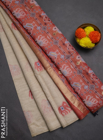 Jamdhani cotton saree beige and red with thread woven buttas and jamdhani pallu