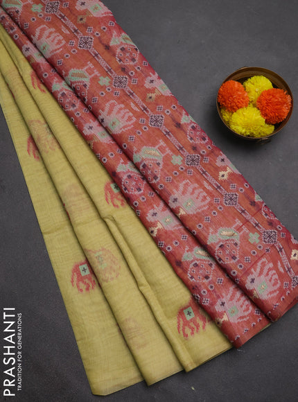 Jamdhani cotton saree pale yellow and maroon with thread woven buttas and jamdhani pallu