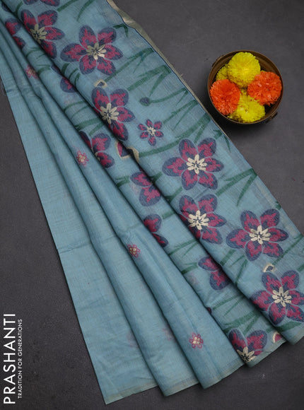 Jamdhani cotton saree teal blue and navy blue with thread woven buttas and jamdhani pallu