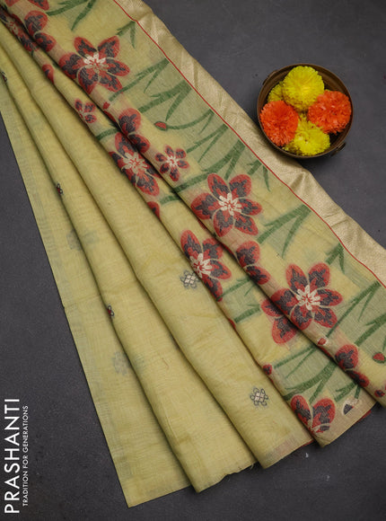 Jamdhani cotton saree pale yellow and red with thread woven buttas and jamdhani pallu