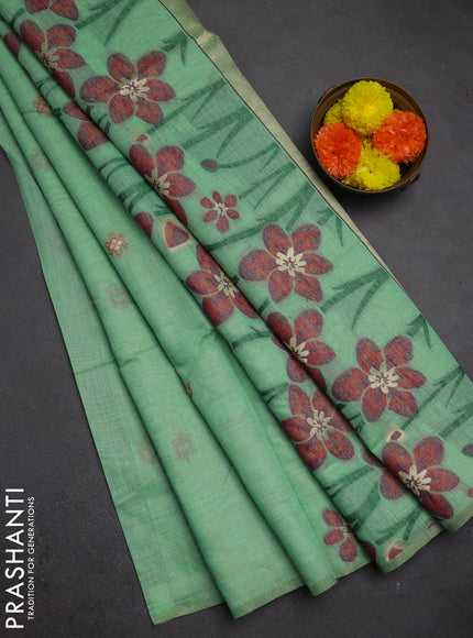 Jamdhani cotton saree teal green and maroon with thread woven buttas and jamdhani pallu