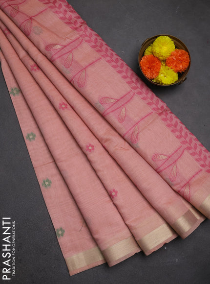 Jamdhani cotton saree peach shade and pink with thread woven buttas and jamdhani pallu