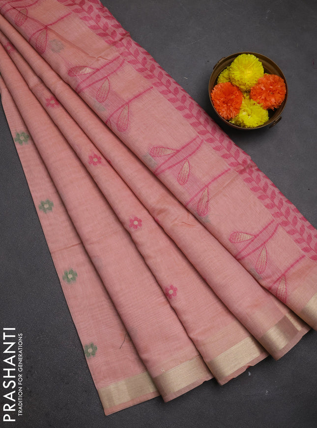 Jamdhani cotton saree peach shade and pink with thread woven buttas and jamdhani pallu