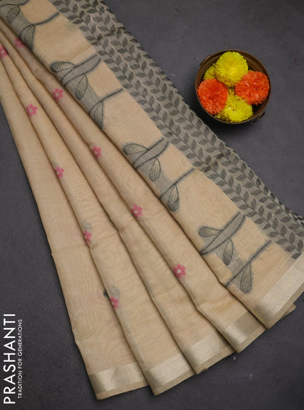 Jamdhani cotton saree beige and black with thread woven buttas and jamdhani pallu