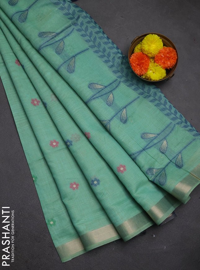Jamdhani cotton saree teal green and navy blue with thread woven buttas and jamdhani pallu