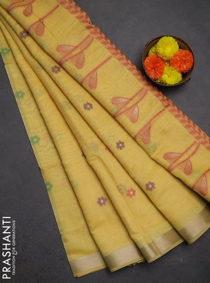 Jamdhani cotton saree pale yellow and red with thread woven buttas and jamdhani pallu