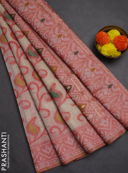 Jamdhani cotton saree beige and maroon with thread woven buttas and jamdhani pallu