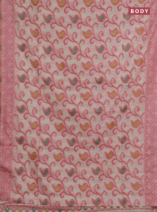 Jamdhani cotton saree beige and maroon with thread woven buttas and jamdhani pallu
