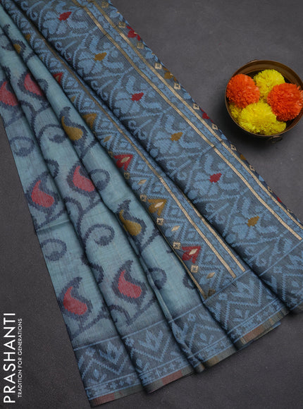 Jamdhani cotton saree pastel blue and navy blue with thread woven buttas and jamdhani pallu