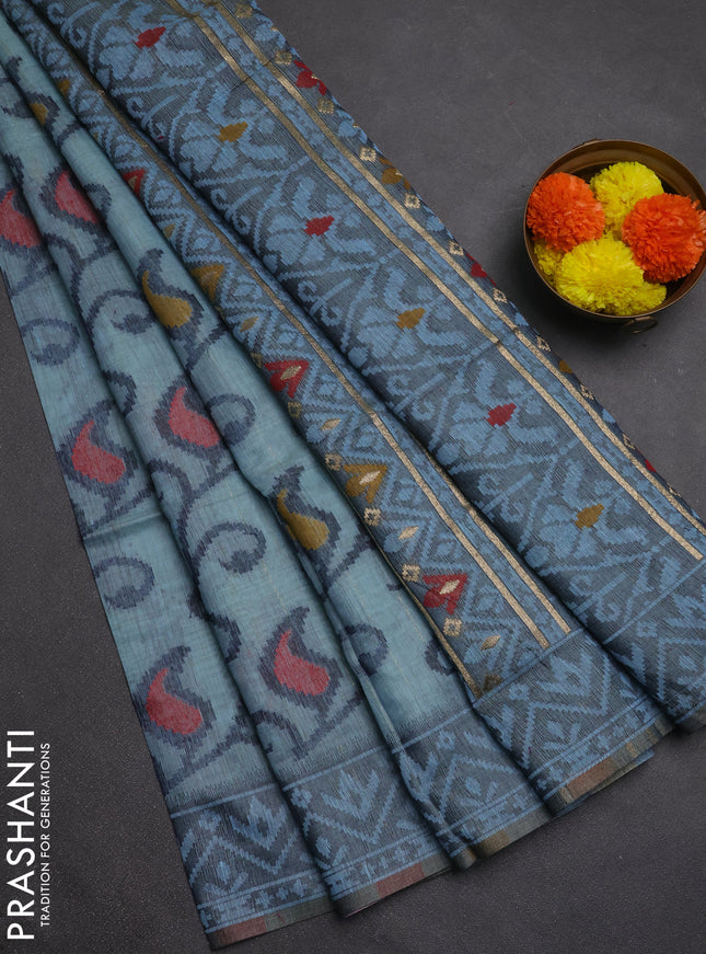 Jamdhani cotton saree pastel blue and navy blue with thread woven buttas and jamdhani pallu