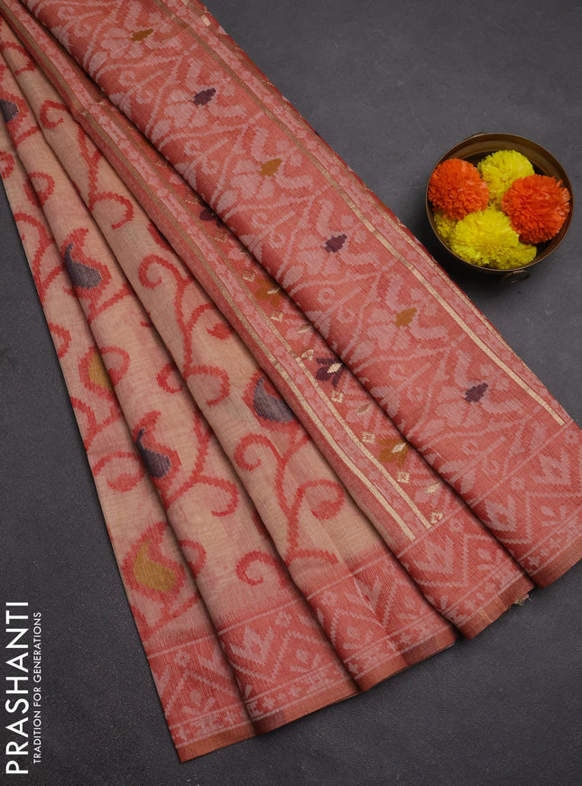 Jamdhani cotton saree peach shade and maroon with thread woven buttas and jamdhani pallu