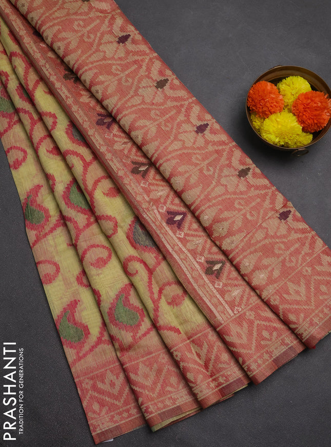 Jamdhani cotton saree pale yellow and red with thread woven buttas and jamdhani pallu