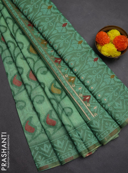 Jamdhani cotton saree light green and green with thread woven buttas and jamdhani pallu