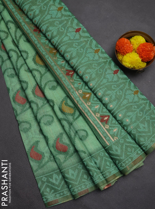 Jamdhani cotton saree light green and green with thread woven buttas and jamdhani pallu