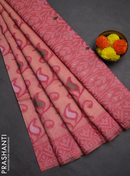 Jamdhani cotton saree peacg orange and pink with thread woven buttas and jamdhani pallu