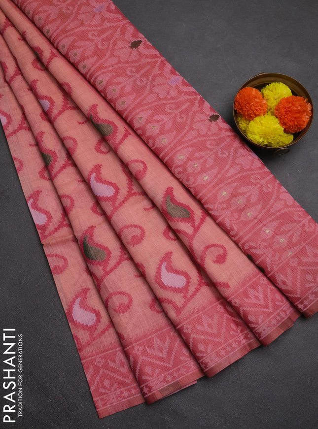 Jamdhani cotton saree peacg orange and pink with thread woven buttas and jamdhani pallu
