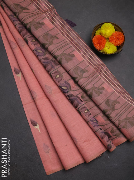Jamdhani cotton saree peach orange and navy blue with thread woven buttas and jamdhani pallu