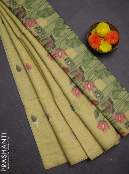 Jamdhani cotton saree lime yellow and pink with thread woven buttas and jamdhani pallu