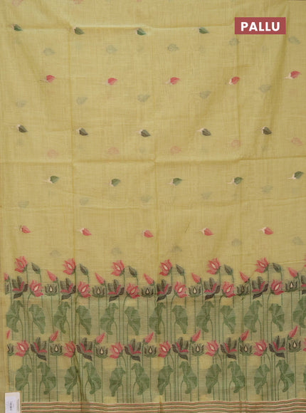 Jamdhani cotton saree lime yellow and pink with thread woven buttas and jamdhani pallu