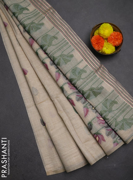 Jamdhani cotton saree beige and purple with thread woven buttas and jamdhani pallu
