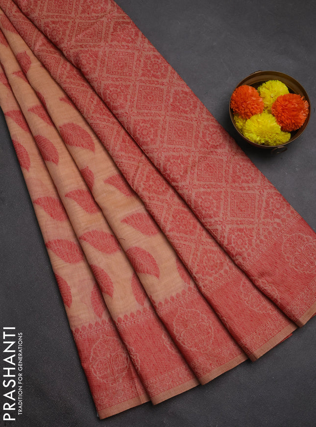 Jamdhani cotton saree peach shade and red with allover thread woven buttas and jamdhani pallu