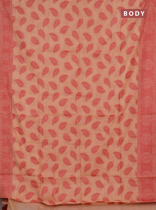 Jamdhani cotton saree peach shade and red with allover thread woven buttas and jamdhani pallu