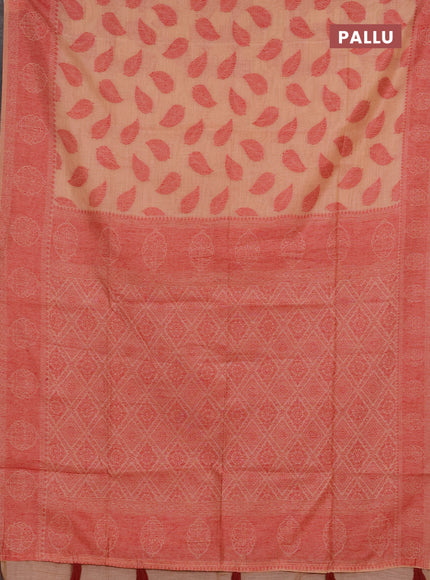 Jamdhani cotton saree peach shade and red with allover thread woven buttas and jamdhani pallu