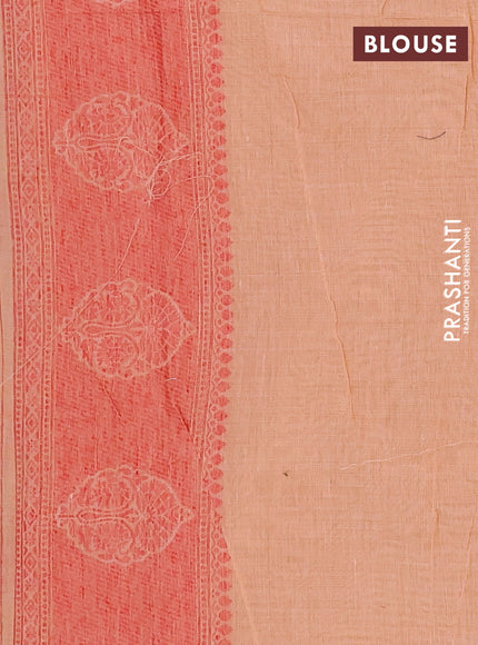 Jamdhani cotton saree peach shade and red with allover thread woven buttas and jamdhani pallu