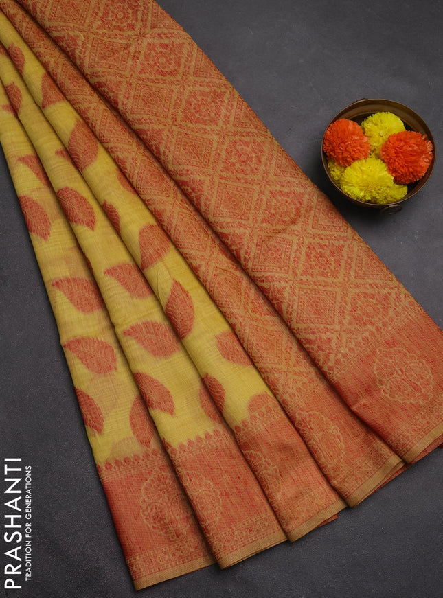 Jamdhani cotton saree pale yellow and red with allover thread woven buttas and jamdhani pallu
