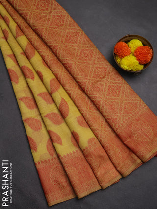Jamdhani cotton saree pale yellow and red with allover thread woven buttas and jamdhani pallu