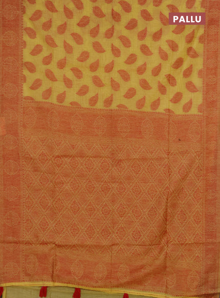Jamdhani cotton saree pale yellow and red with allover thread woven buttas and jamdhani pallu