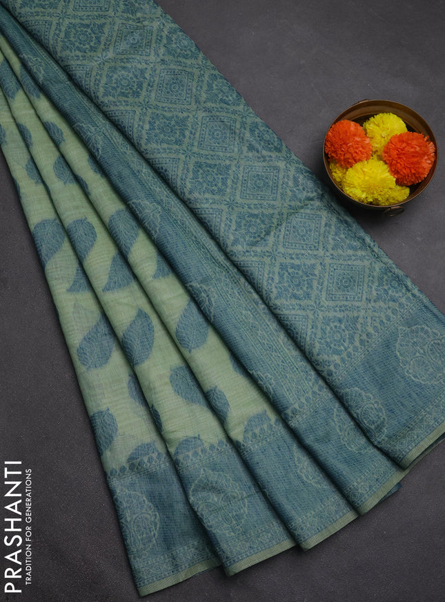 Jamdhani cotton saree pastel green and blue with allover thread woven buttas and jamdhani pallu