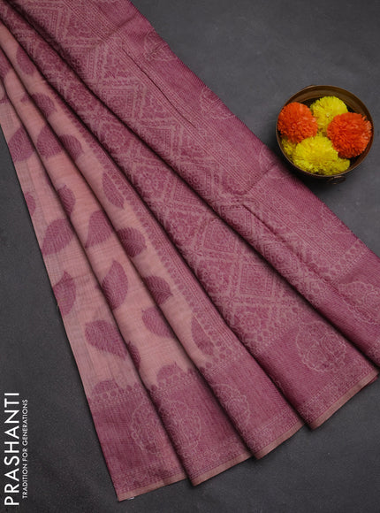 Jamdhani cotton saree peach shade and purple with allover thread woven buttas and jamdhani pallu