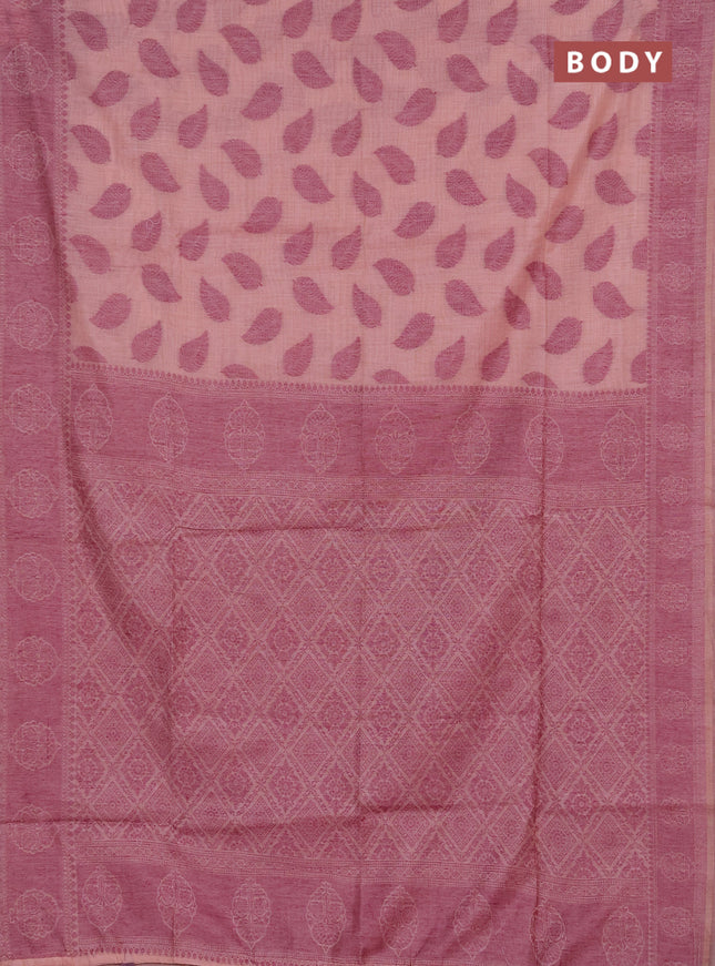 Jamdhani cotton saree peach shade and purple with allover thread woven buttas and jamdhani pallu