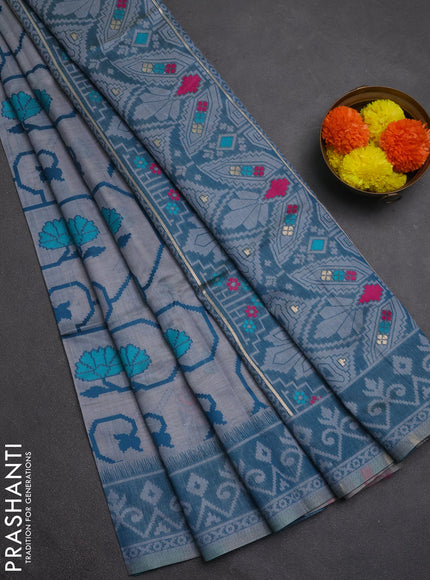 Jamdhani cotton saree grey and teal green with allover thread weaves and jamdhani pallu