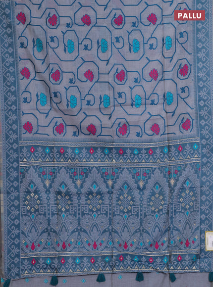 Jamdhani cotton saree grey and teal green with allover thread weaves and jamdhani pallu