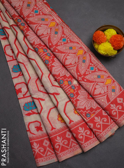 Jamdhani cotton saree beige and red with allover thread weaves and jamdhani pallu